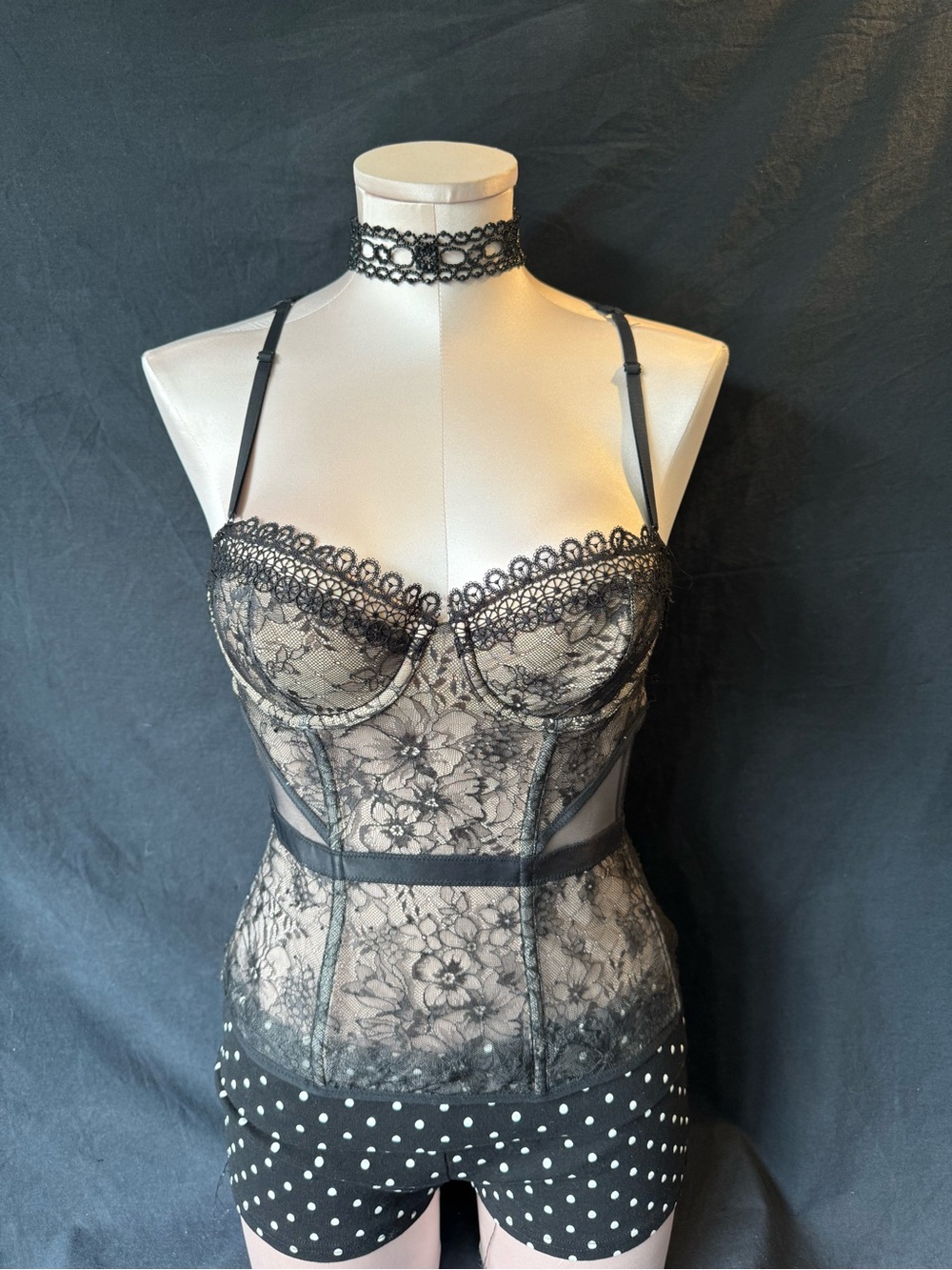 Victoria's Secret Black Floral Lace Bustier Chemise